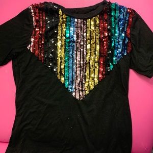 black, colorful t shirt, sequins